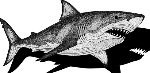 Fototapeta premium shark, tattoo, icon, signs, symbol, vector, white, decoration, decor, bite, great, black, attack, cartoon, whale, isolated, jaw, tail, fin, life, carnivore, teeth, abstract, emblem, illustration, fear