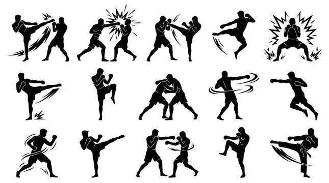 Martial Arts Silhouettes: Karate, Boxing, Kickboxing Action Poses