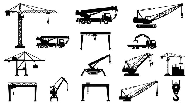 Black and White Vector Icons of Various Construction Cranes