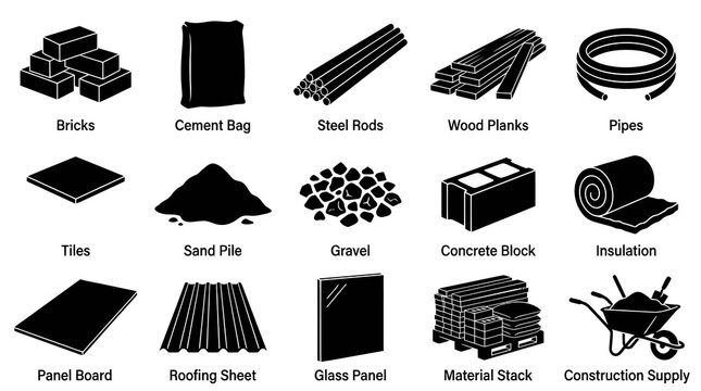 Construction Industry Building Materials and Tools Glyph Icons Collection