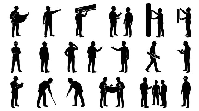 Construction workers silhouettes, blueprint, pointing, holding plans, work