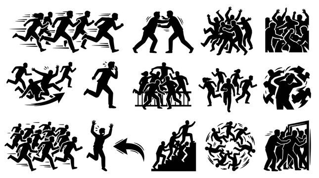 Crowd running icons set, silhouette of people in motion, black and white vector art