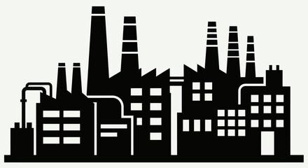 Obraz premium Industrial factory building silhouette with multiple smokestacks and pipes.