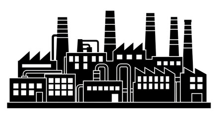Fototapeta premium Industrial factory building silhouette with multiple smokestacks and pipes.