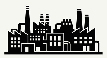 Naklejka premium Industrial factory building silhouette with multiple smokestacks and pipes.