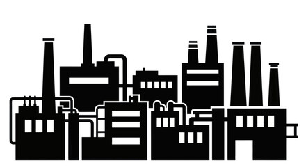 Obraz premium Industrial factory building silhouette with multiple smokestacks and pipes.