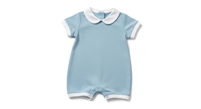 Adorable Light Blue Baby Romper with White Peter Pan Collar and Trim on White Background