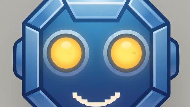Cartoon-style blue robot head icon with gem-cut edges and pixel smile on light gray background for technology interface design projects