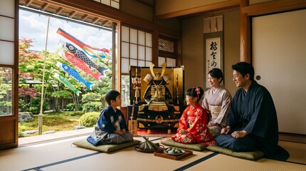 Japanese family in traditional attire celebrating children's day with samurai