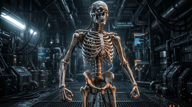 Sci-fi skeleton in futuristic industrial setting with sci fi skeleton assembly