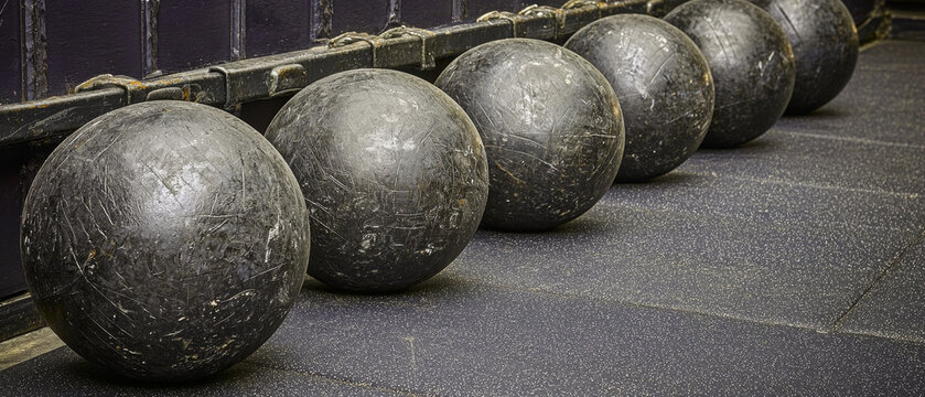A line of textured, dark exercise balls, visibly worn and scuffed, rests on a speckled gym floor beside a dark wall