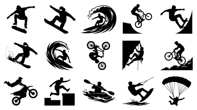 Black and White Silhouettes of Extreme Sports Athletes Performing Various Activities