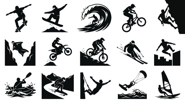 Extreme Sports Silhouette Icons Set - Action, Adventure, Vector Graphics