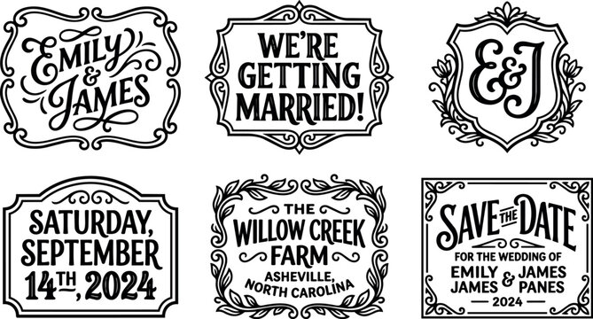 Wedding invitation lettering with emily and james names and save the date 2024