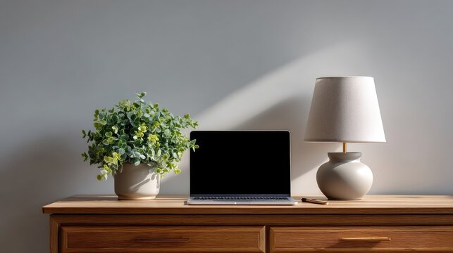 Modern home office setup with laptop, decorative plant, and stylish lamp on wooden table under soft natural light, creating a serene workspace atmosphere