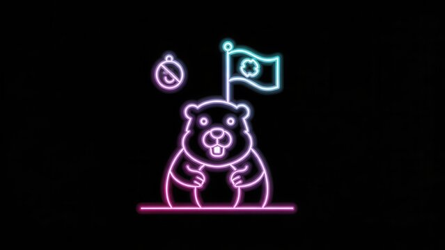 Glowing neon groundhog celebrating with a lucky shamrock flag predicting an early spring