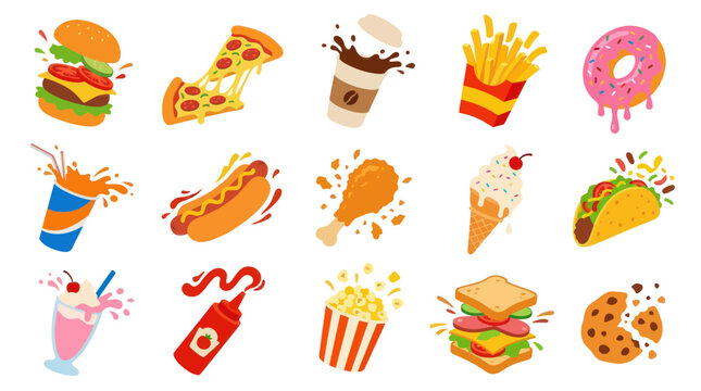 Food Industry: Flat Vector Fast Food Icons Set - Burger, Pizza, Fries, Donut, Hot Dog, Taco