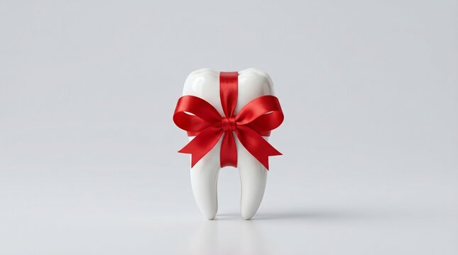 A single tooth decorated as a gift with a red ribbon and bow, oral hygiene