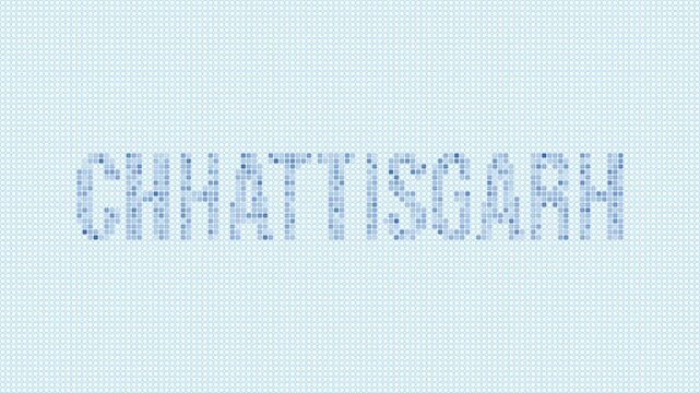 Chhattisgarh, India dotted map animation. Digital style shape of the state. Chhattisgarh, India shape and title dots appear with bulb flickering effect. Creative Intro, outro, title, logo video.