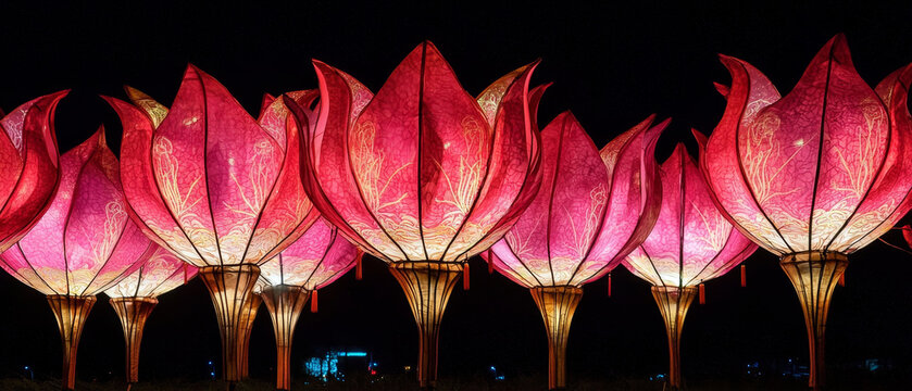A row of vibrant pink lotus lanterns glows brightly with intricate golden patterns against the dark night sky