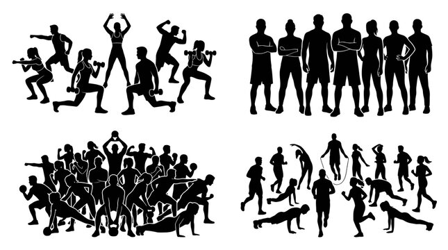 Athletic People Fitness Workout Silhouettes Vector Set - Diverse Group of Exercising Figures