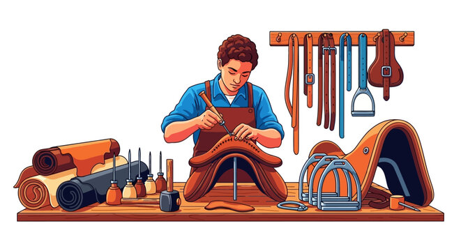 Skilled craftsman meticulously handcrafting a leather saddle with precision tools.
