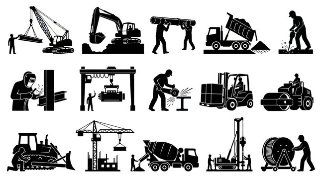 Construction Industry Icons: Heavy Machinery, Workers, Engineering Glyph Art