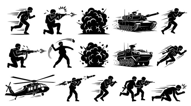 Military Combat Soldiers and War Vehicles Black White Silhouette Vector Icons Set