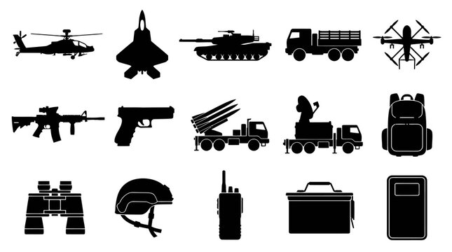 Military Equipment Icons - Black  White Vector Symbols