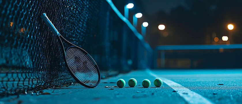 A tennis racket leans against a fence, four balls lined up on the glowing blue court at night