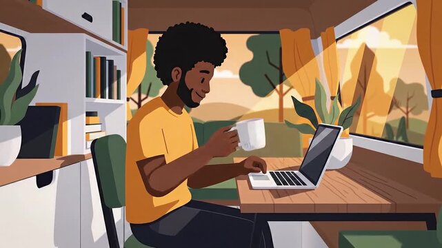 Flat vector digital nomad concepts. Focused young man working on laptop inside cozy camper van enjoying serene nature view reflecting peaceful relaxed digital nomad lifestyle flat vector illustration