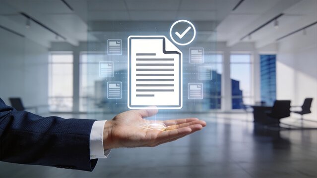 Businessman holding a holographic document with a checkmark representing digital approval online verification and secure contract management in a modern office environment