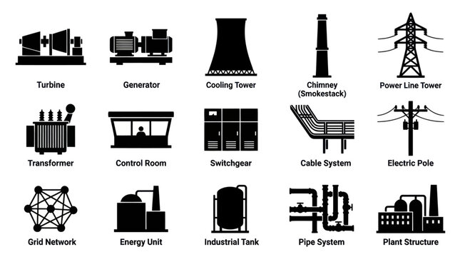 Power Plant Equipment Icons: Industry, Glyph, Vector, Black and White
