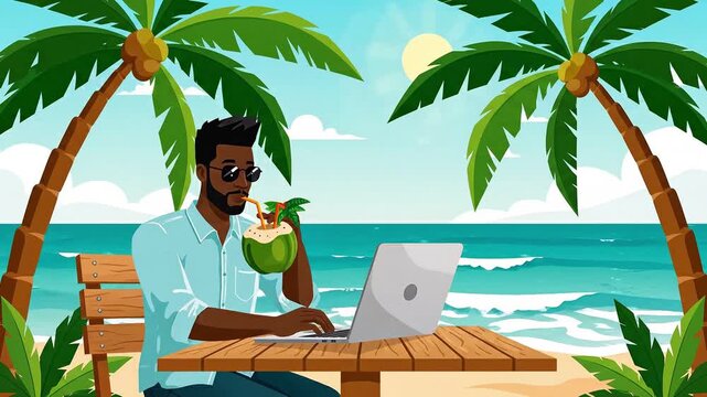 Flat vector digital nomad concepts. Happy relaxed digital nomad man working on laptop at sunny tropical beach drinking coconut enjoying peaceful remote work outdoors colorful flat vector illustration