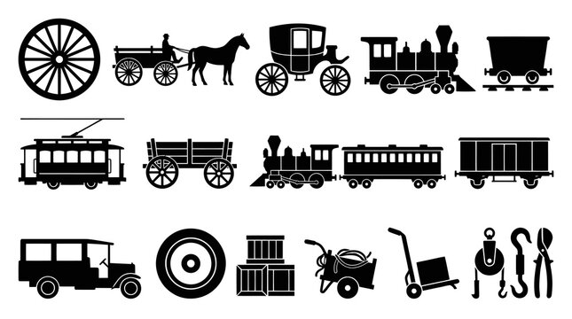 Historical Transportation, Industrial Equipment and Vehicles Silhouette Icons Set