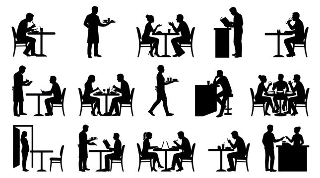 Restaurant Silhouette Icons: People Dining, Serving, Working