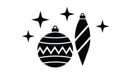 Fototapeta premium A charming black silhouette vector graphic illustration featuring two elegant christmas tree ornaments with decorative sparkling stars for holiday design.