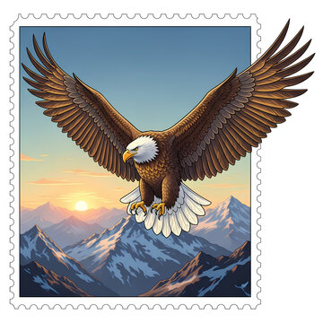 Majestic Bald Eagle Soaring Above Snowy Mountain Peaks at Sunset.