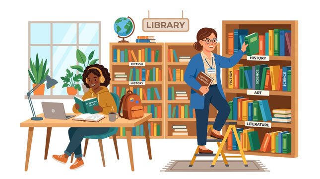 Two women in a library studying and organizing books.