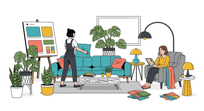 Two women in a modern living room with plants.