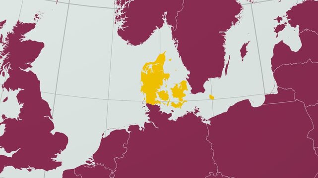 Denmark map. Animated zoom into the country on the Globe in Pale Mint Dark Pink color palette. Country logo animation with round text and airplanes. Map with meridians, parallels. Elegant video.