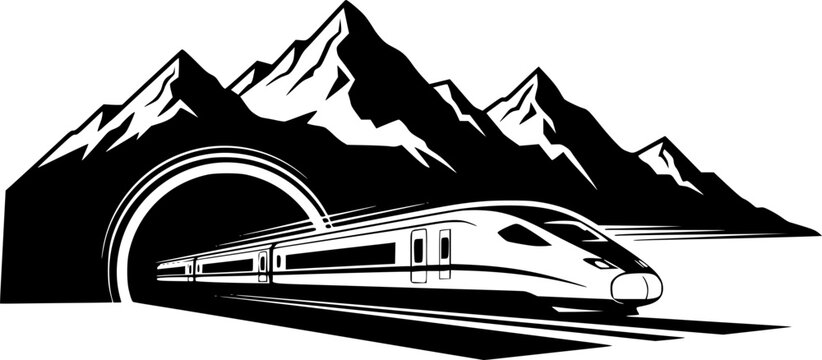 High-Speed Train and Mountain Tunnel Vector, Black and White Modern Rail Travel