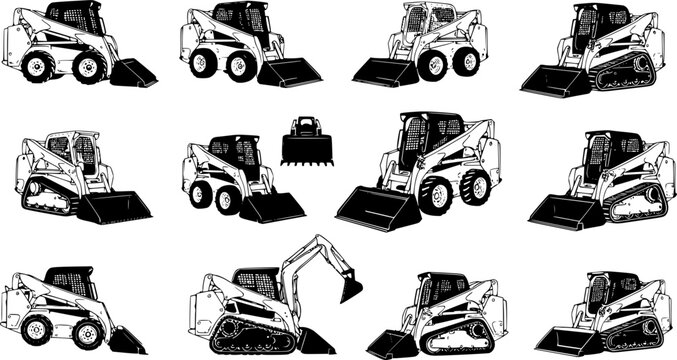 Set of Skid steer loaders Outline vector illustration isolated On Transparent Background