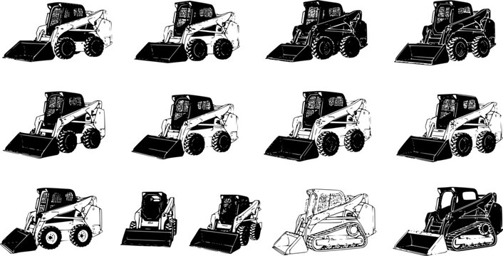 Set of Skid steer loaders Outline vector illustration isolated On Transparent Background
