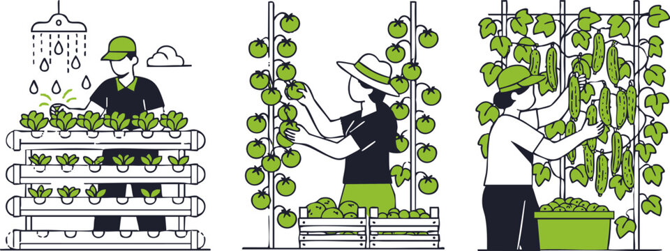 Minimalist vector illustration showing farmers harvesting fresh organic vegetables in a modern vertical hydroponic farming system setup.