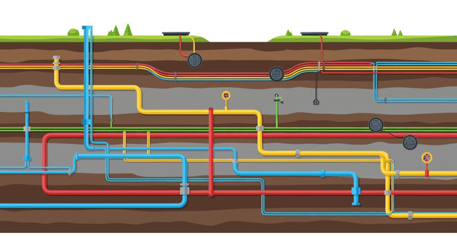 Underground Network of Utility Pipes and Cables.