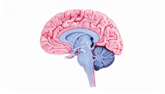 Detailed anatomical illustration of the human brain showing cerebrum, cerebellum, and brainstem
