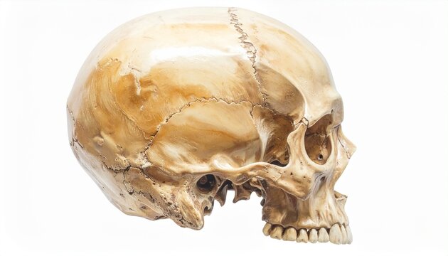 Detailed side profile of an anatomical human skull, highlighting bone structure and intricate sutures on a clean white background
