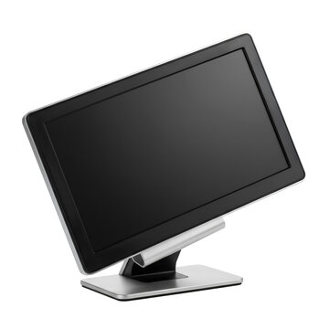 Modern computer monitor angled on a desk displaying a dark screen.