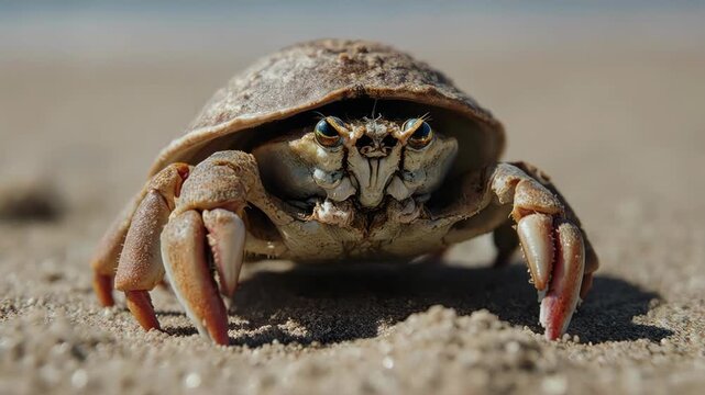 Ultra macro anamorphic shot of a small hermit crab peeking from its textured shell
